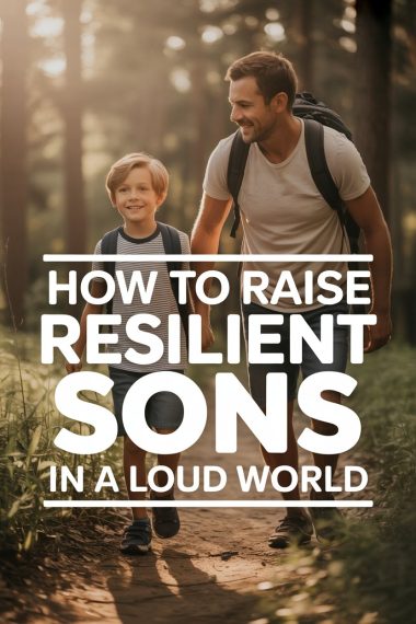 Father and son enjoying a forest hike, symbolizing resilience and bonding in nature.