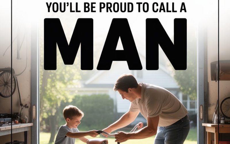 Father and son enjoy garage bonding with bicycle and joyful moment.