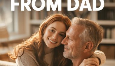 Father and daughter share a loving, empowering moment in a cozy, sunlit living room.