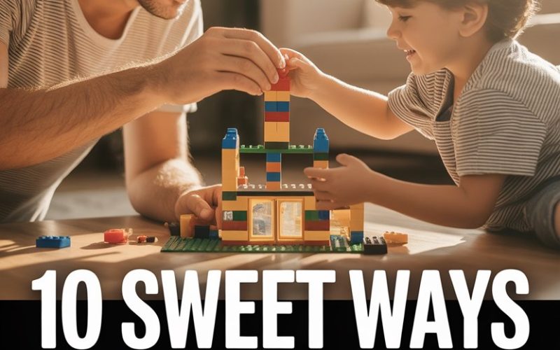 Father and son building colorful Lego structure together for bonding and quality family time.