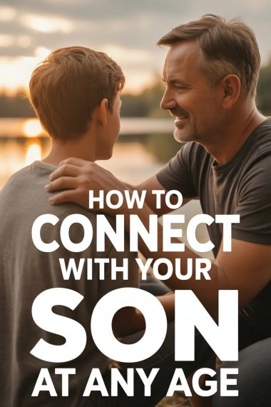 Father and son bonding during sunset by water, emphasizing connection at any age.