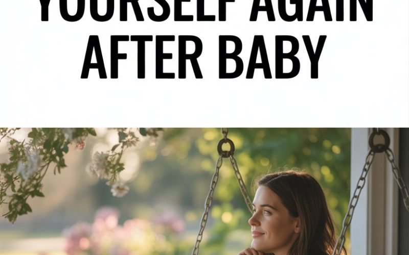 Peaceful woman on porch swing reflects healing and self-discovery after having a baby.