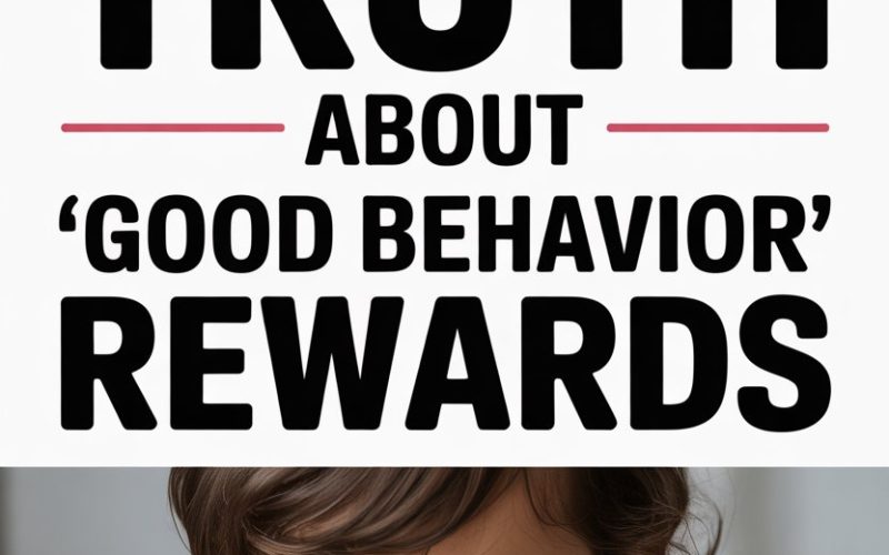 Child holding a reward token under a bold message about the truth of good behavior rewards.
