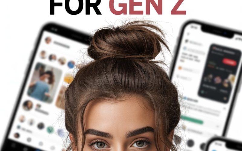 Young woman with social media screens illustrating Gen Zs digital habits and challenges with saving.