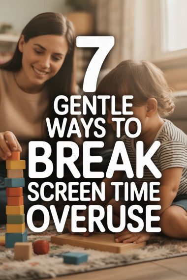 Mother and child stacking colorful blocks during playtime, promoting healthy screen time habits.