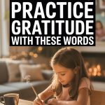Young girl practicing gratitude journaling in a cozy, warm home setting with a hot drink.