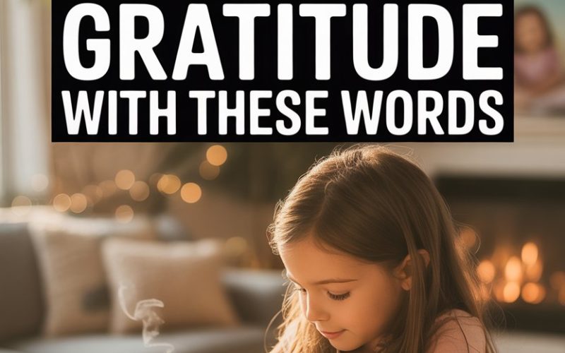 Young girl practicing gratitude journaling in a cozy, warm home setting with a hot drink.