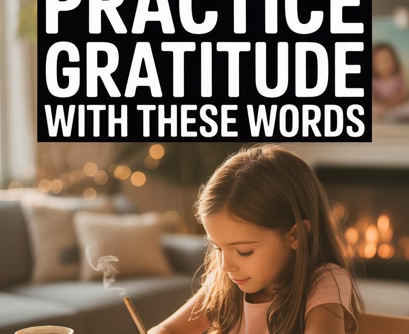 Young girl practicing gratitude journaling in a cozy, warm home setting with a hot drink.