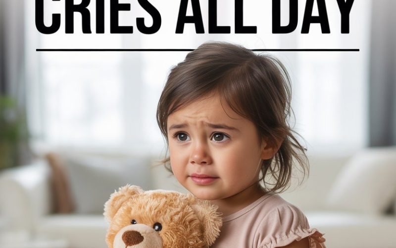 Young girl crying and holding teddy bear, parenting tips for handling childs constant crying.
