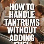 Mother talking calmly to a child during a tantrum in a cozy home.
