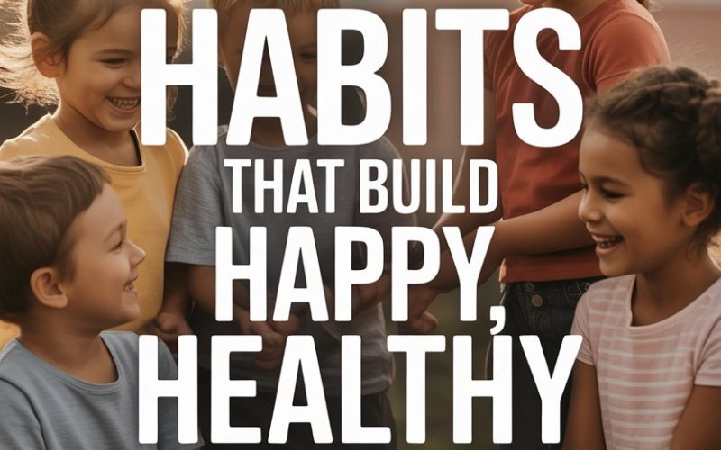 Children outdoors enjoying healthy habits, cooking with fresh vegetables, promoting happiness and wellness.
