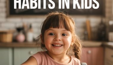 Happy kid enjoying fresh fruits in a cozy kitchen to build healthy eating habits.