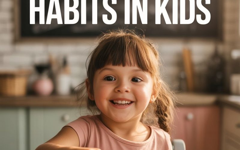 Happy kid enjoying fresh fruits in a cozy kitchen to build healthy eating habits.