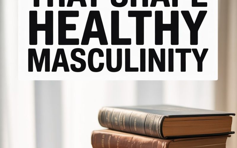Sign highlighting three influential books shaping healthy masculinity and positive masculine identities.