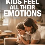 Emotionally supportive mother comforting happy boy in cozy living room.