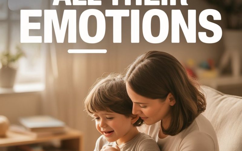 Emotionally supportive mother comforting happy boy in cozy living room.
