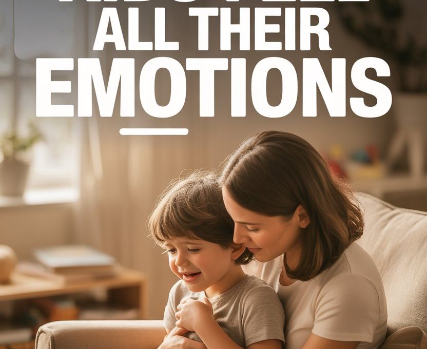 Emotionally supportive mother comforting happy boy in cozy living room.