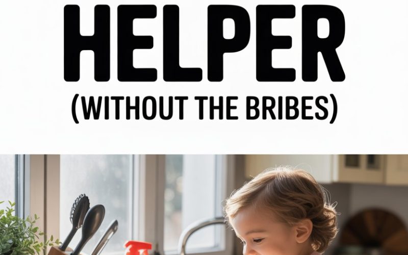 Cheerful girl helping with chores in modern bright kitchen without bribery.