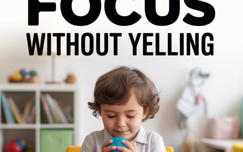 Child focusing with a fidget toy in a cheerful, organized classroom to support attention without yelling.