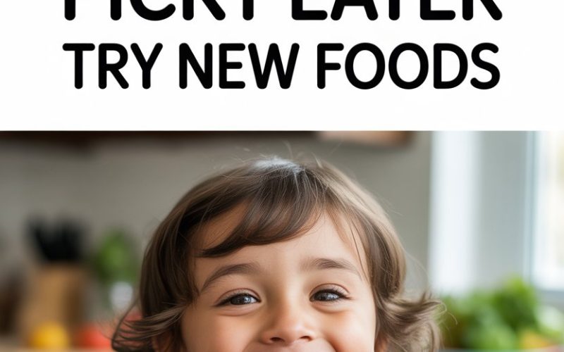 Cheerful girl trying colorful vegetable skewer in a cozy kitchen environment.