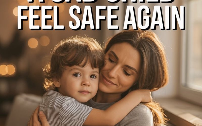 A caring adult comforting a sad child to help them feel safe and secure.