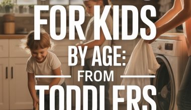 Family doing age-appropriate household chores with kids and parents in a sunny, organized kitchen.