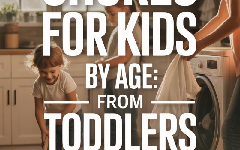 Family doing age-appropriate household chores with kids and parents in a sunny, organized kitchen.