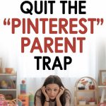 Relieved mom overcoming Pinterest-inspired parenting stress in a cluttered, busy nursery.