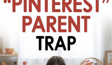 Relieved mom overcoming Pinterest-inspired parenting stress in a cluttered, busy nursery.