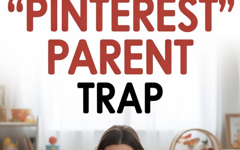 Relieved mom overcoming Pinterest-inspired parenting stress in a cluttered, busy nursery.
