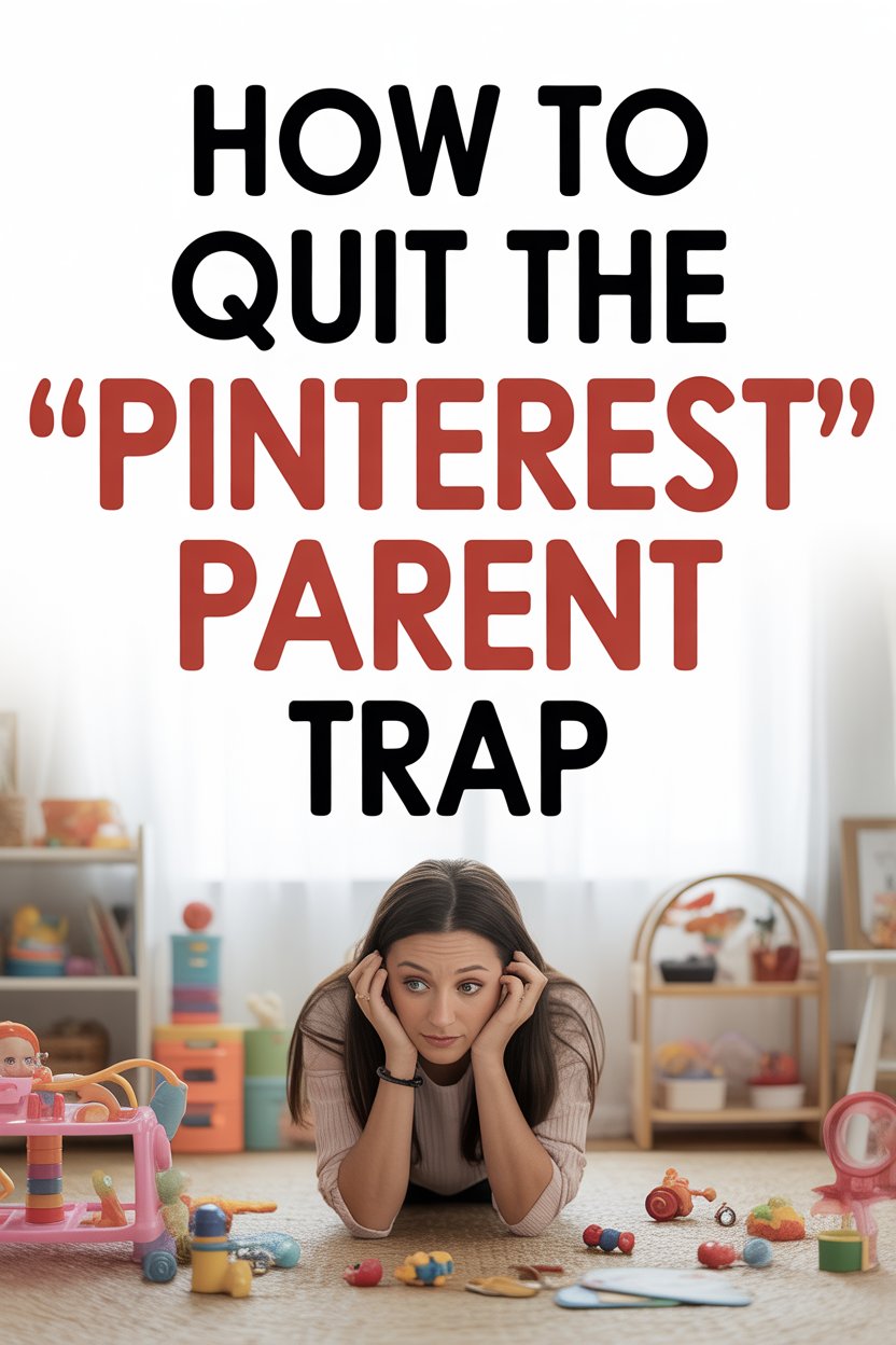 Relieved mom overcoming Pinterest-inspired parenting stress in a cluttered, busy nursery.