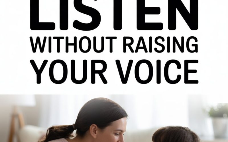 Parent and child communicating calmly in a cozy living room without shouting.