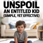 Child with a serious expression amid scattered toys, learning to manage entitlement and discipline.