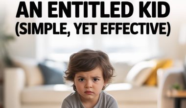 Child with a serious expression amid scattered toys, learning to manage entitlement and discipline.