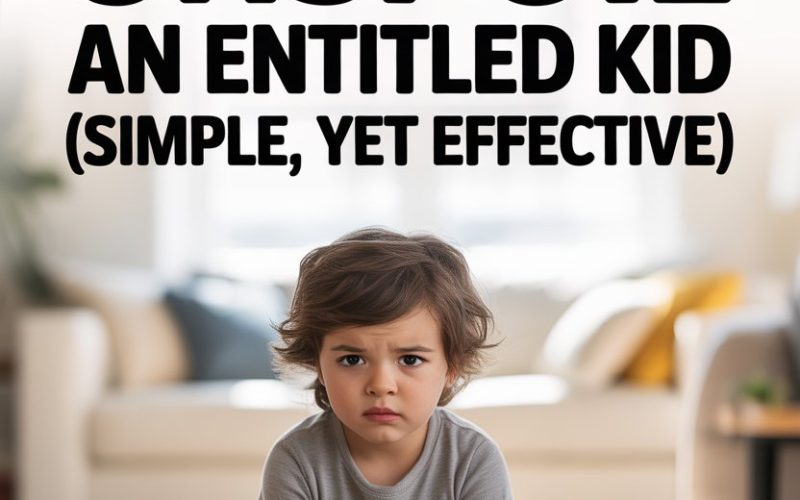 Child with a serious expression amid scattered toys, learning to manage entitlement and discipline.