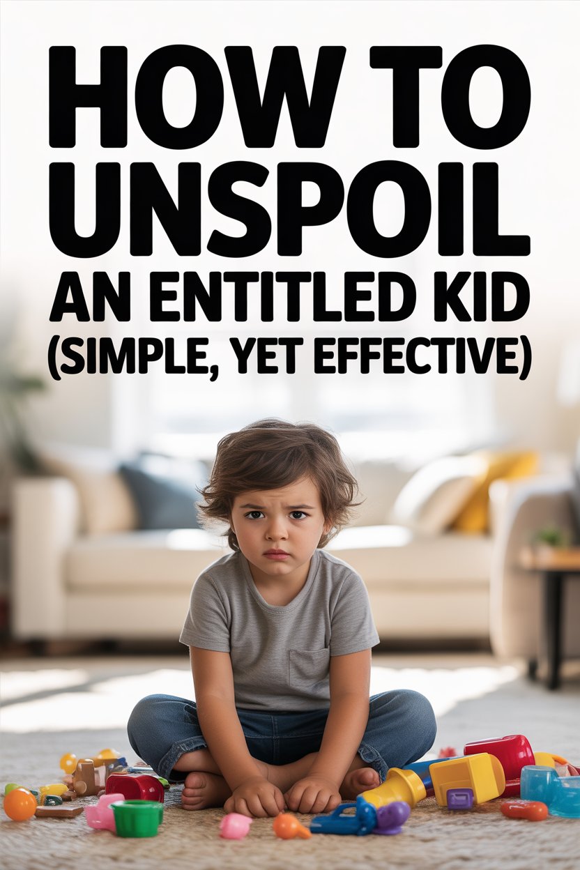 Child with a serious expression amid scattered toys, learning to manage entitlement and discipline.