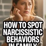 Young woman contemplating narcissistic behaviors in family dynamics, with thoughtful expression and informative overlay.