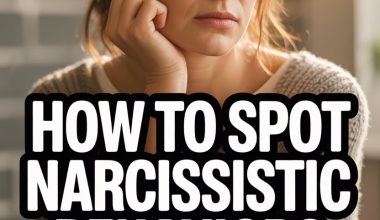 Young woman contemplating narcissistic behaviors in family dynamics, with thoughtful expression and informative overlay.