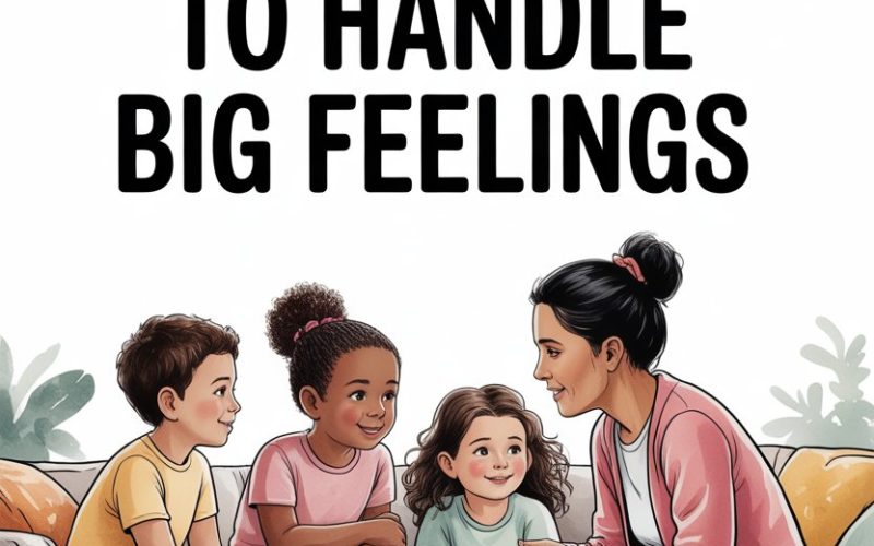 Adult teaching kids emotional resilience and coping skills in a warm, supportive environment.
