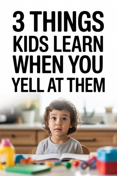 Kids learn nothing from yelling; humorous child playing in colorful kitchen with expressive face.