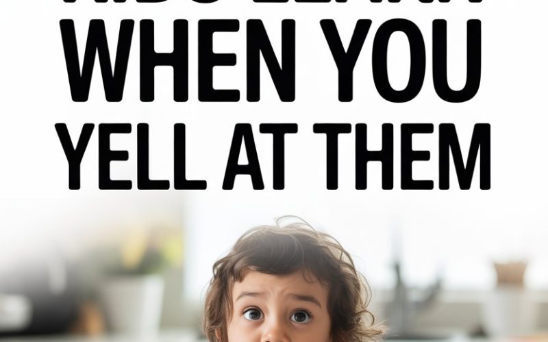 Kids learn nothing from yelling; humorous child playing in colorful kitchen with expressive face.