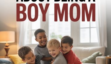 Four boys playing and laughing in a cozy living room for a joyful boy mom story.