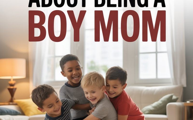 Four boys playing and laughing in a cozy living room for a joyful boy mom story.