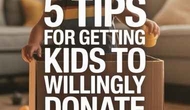 Joyful kid inside a cardboard box with colorful toys, promoting toy donation tips for children.