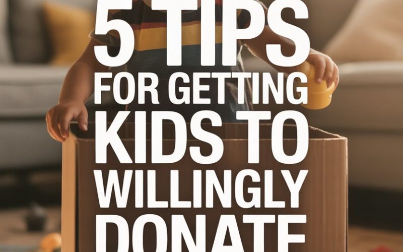Joyful kid inside a cardboard box with colorful toys, promoting toy donation tips for children.
