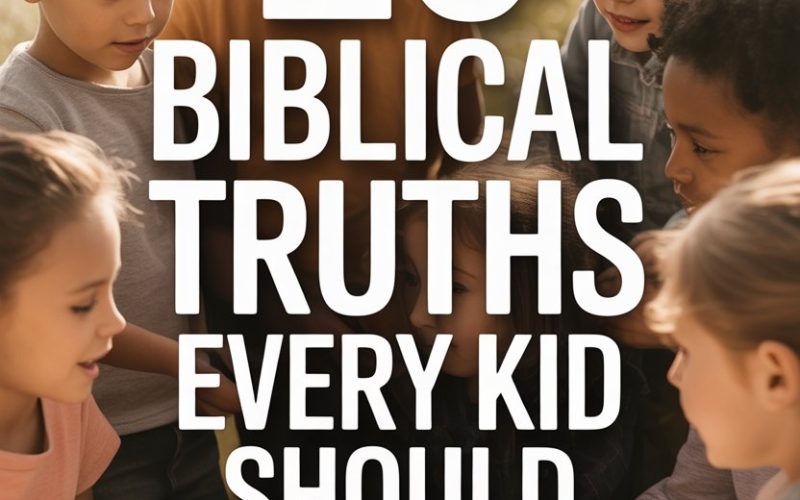 Children learning biblical truths outdoors through storytime in a diverse, nature-filled setting.