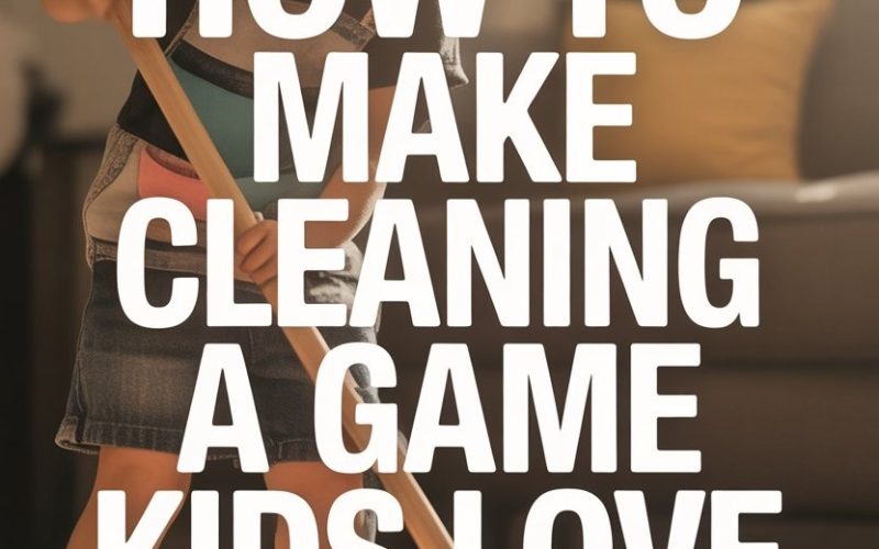 Happy girl playing and cleaning indoors, making chores fun for kids with a broom.