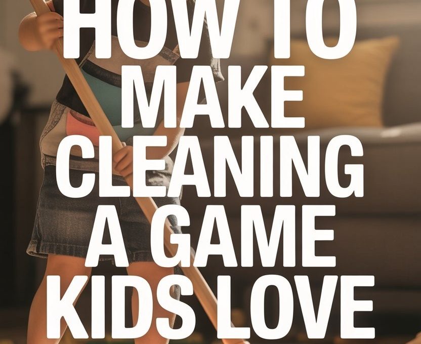 Happy girl playing and cleaning indoors, making chores fun for kids with a broom.