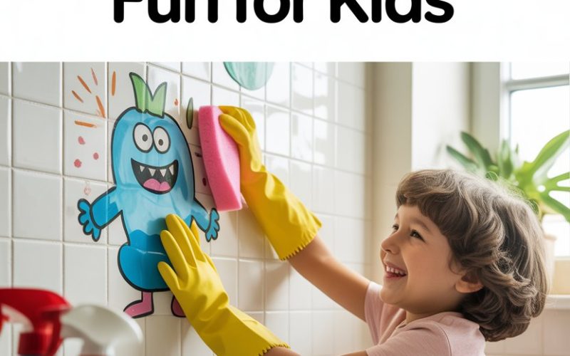 Joyful girl cleaning colorful cartoon wall art with sponge, yellow gloves, in bright, kid-friendly kitchen.