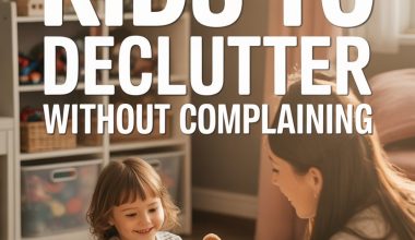 Happy girl organizing toys with nurturing parent in a cozy, clutter-free kids playroom.
